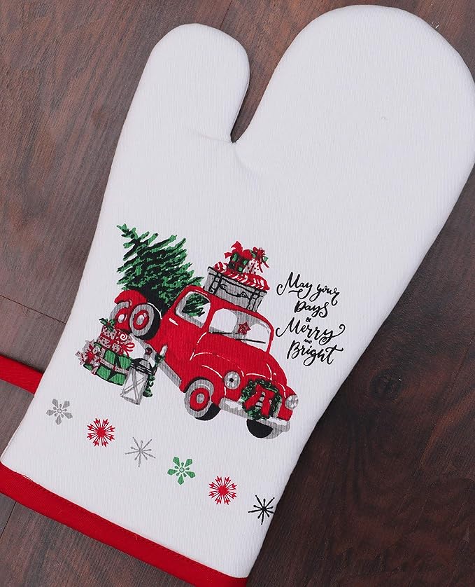 AMOUR INFINI Pot Holders and Oven Mitts 100% Cotton Unique Merry Christmas Design|Heat Resistant Non Slip Reusable Set of 1 Oven Mitt and 1 Pot Holder|Thanksgiving Christmas Fall Festive Kitchen Set