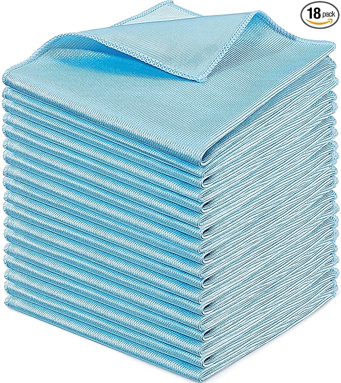 Tatuo 18 Pcs Microfiber Glass Cleaning Cloths (16 x 16) Polishing Cloth - Streak Free - Lint Free - Quickly Clean Windows, Glasses, Windshields, Mirrors, Stainless Steel, Monitor(Blue)