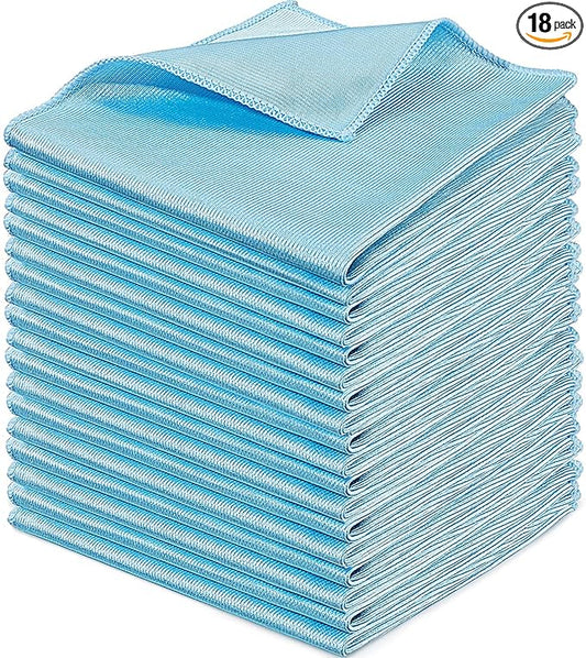 Tatuo 18 Pcs Microfiber Glass Cleaning Cloths (16 x 16) Polishing Cloth - Streak Free - Lint Free - Quickly Clean Windows, Glasses, Windshields, Mirrors, Stainless Steel, Monitor(Blue)