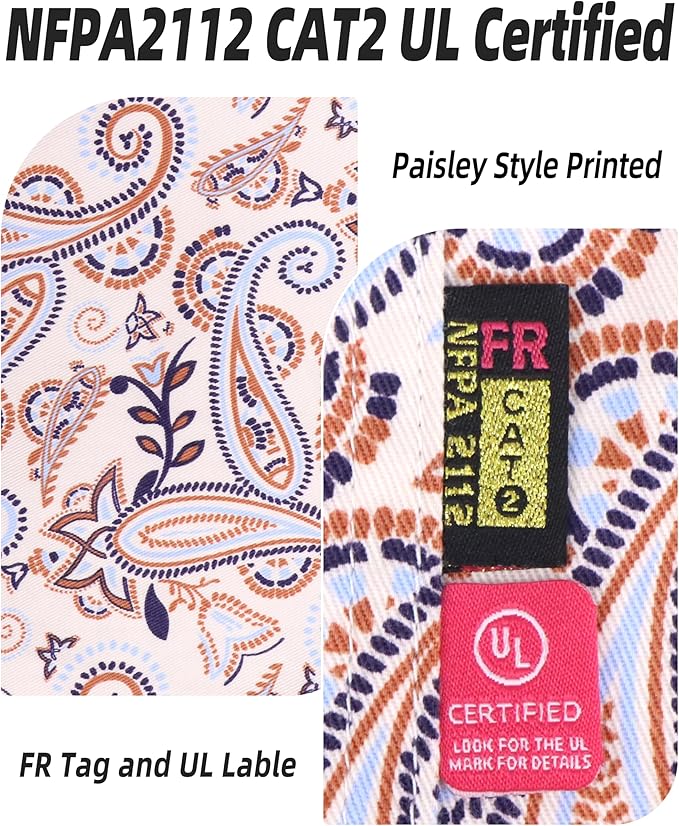 BOCOMAL FR Shirts Printed Paisley/Hawaii Lightweight Pearl Snaps/Button Down Flame Resistant NFPA2112 CAT2 Work Shirt