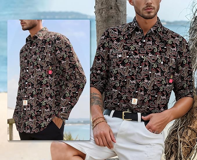 BOCOMAL FR Shirts Printed Paisley/Hawaii Lightweight Pearl Snaps/Button Down Flame Resistant NFPA2112 CAT2 Work Shirt