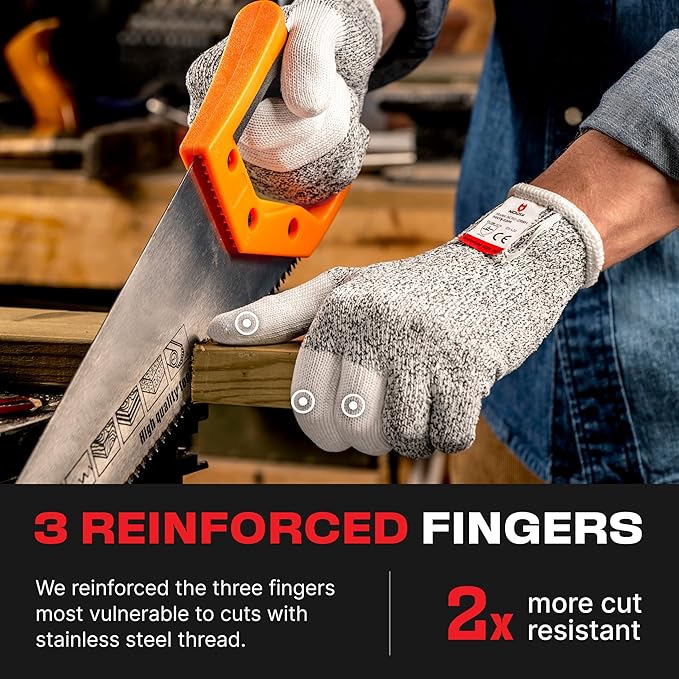 NoCry Cut Resistant Work Gloves for Women and Men, with Reinforced Fingers; Comfortable, 100% Food Grade Kitchen Cooking Hand Protection; Ambidextrous Safety Gear for Cutting; Level 5 Protection