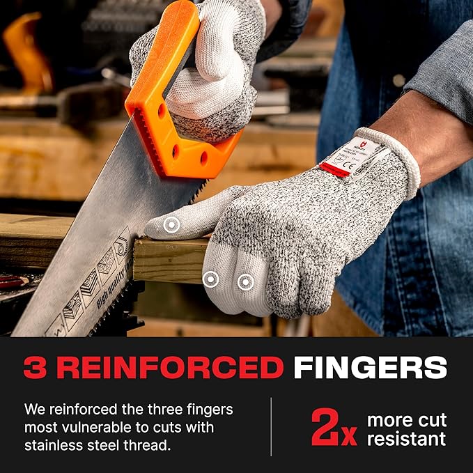 NoCry Cut Resistant Work Gloves for Women and Men, with Reinforced Fingers; Comfortable, 100% Food Grade Kitchen Cooking Hand Protection; Ambidextrous Safety Gear for Cutting; Level 5 Protection