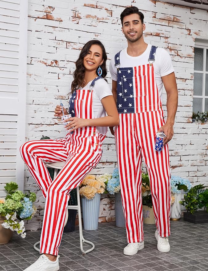 Men's American Flag Bib Overalls with Zipper Denim Romper Adjustable Straps USA Onesie 4th of July Jumpsuit
