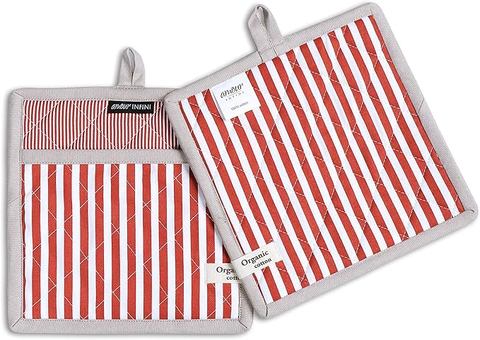 AMOUR INFINI Pot Holders Heat Resistant Cotton Set of 2 Nonslip 8"x8" Inch Hot Pads for Kitchen, BBQ, Baking & Cooking with Hanging Loops (Stripe Rust)