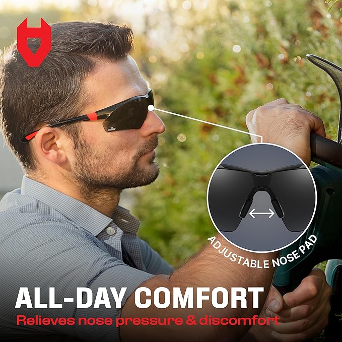 NoCry Work and Sports Safety Sunglasses with Green Tinted Scratch Resistant Wrap-Around Lenses and No-Slip Grips, UV 400 Protection. Adjustable, Black & Red Frames (10 pack)