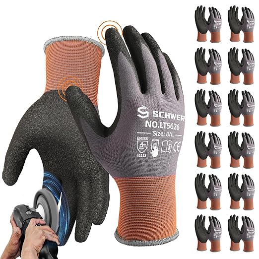 Schwer 12 Pairs Safety Work Gloves with Sandy Nitrile Coating LT5626, Max Abrasion Resistance Heavy Duty Gloves with Grip for Men and Women, Ideal for General Use, Mechanic, Construction, Gardening, L