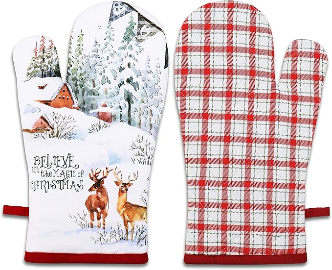 AMOUR INFINI Oven Mitts Set of 1 Quilted Liner with Hanging Loop Non Slip, Heat Resistant, Washable Reusable Oven Mitt Gifts (Christmas Winter 7x13 Inches)