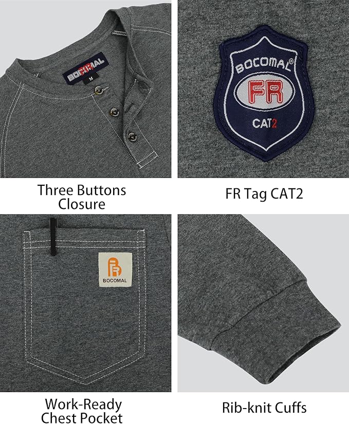 BOCOMAL Men's FR Shirt Pocket Henley Lightweight Flame Resistant Cotton Long Sleeve Workwear UL NFPA2112 CAT2 Welding Tee