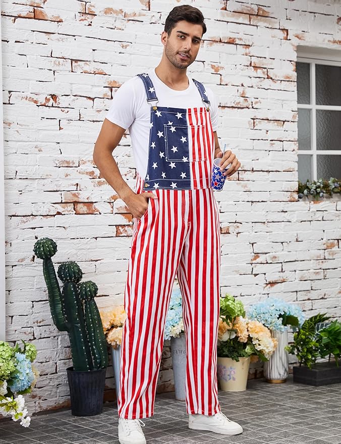 Men's American Flag Bib Overalls with Zipper Denim Romper Adjustable Straps USA Onesie 4th of July Jumpsuit