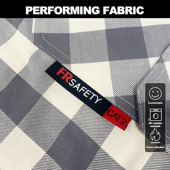 FR Shirts for Men 7oz Fire Resistant Shirts NFPA CAT2 Welding Shirt 102% Cotton Flame Resistant Shirt Grey/Plaid(5X-Large)
