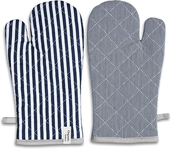 AMOUR INFINI Striped Pot Holders and Oven Mitts Heat Resistant Non Slip Reusable Set of 1 Oven Mitt and 1 Pot Holder Oven Gloves Pot Holder for Cooking (Blue)
