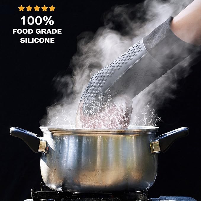 Silicone Cooking Gloves, Grilling Gloves, Heat Resistant Gloves BBQ Kitchen Silicone Oven Mitts, Long Waterproof Non-Slip Potholder for Barbecue, Cooking, Baking