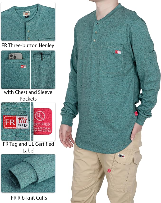 TICOMELA FR Shirts for Men Heather Series 6oz Flame Resistant T Shirt NFPA2112 CAT2 Fire Retardant Henley Shirts