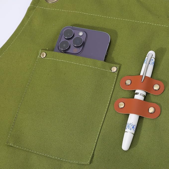 AFUN Chef Aprons for Women Men with Large Pockets, Cotton Canvas Cross Back Water Repellent Work Apron, Size M to XXL (Armygreen)