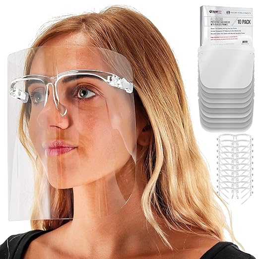TCP Global Salon World Safety Face Shields with All Clear Glasses Frames (Pack of 10) - Ultra Clear Full Face Shields
