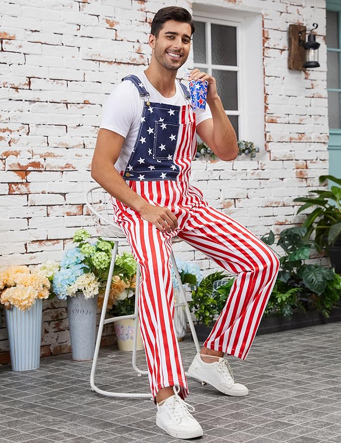 Men's American Flag Bib Overalls with Zipper Denim Romper Adjustable Straps USA Onesie 4th of July Jumpsuit