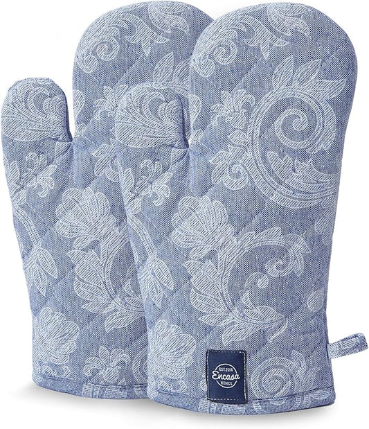 Encasa XO Oven Gloves Heat Resistant | Microwave Cooking Mittens for Baking & Kitchen Use | 12x7 in | Cotton Utensil Holder - Chambray Fabric (Pack of 2, Blue)