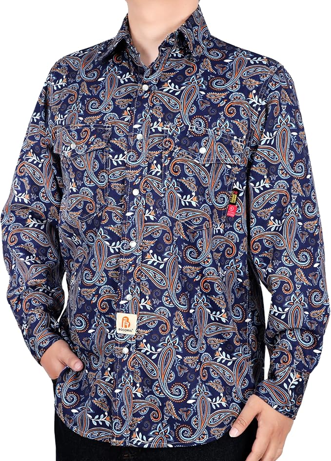 BOCOMAL FR Shirts Printed Paisley/Hawaii Lightweight Pearl Snaps/Button Down Flame Resistant NFPA2112 CAT2 Work Shirt