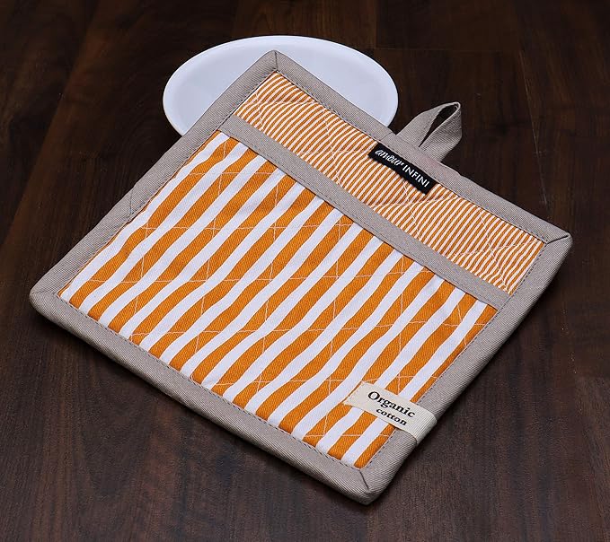 AMOUR INFINI Striped Pot Holders and Oven Mitts Heat Resistant Non Slip Reusable Set of 1 Oven Mitt and 1 Pot Holder Oven Gloves Pot Holder for Cooking (Yelllow)