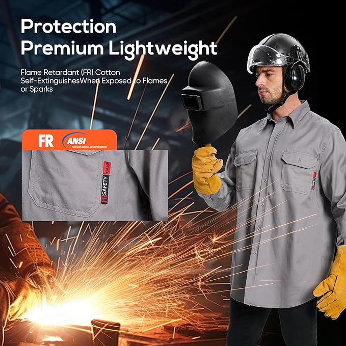 SRsafety Hi Vis FR Work Shirts,7.0oz Long Sleeve Flame Resistant Shirts for Men,100% Cotton High Visibility Fire Shirt