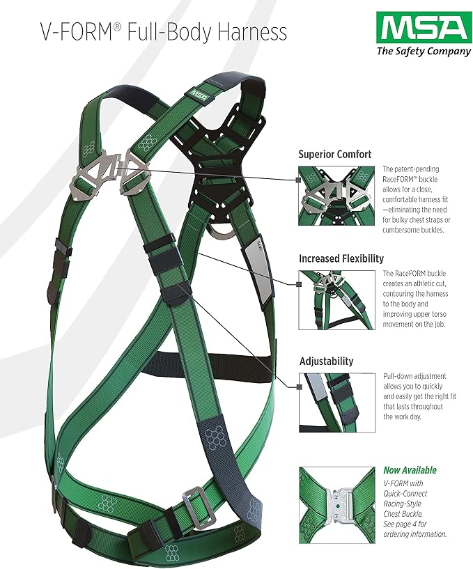 MSA 10197200 V-Form Full Body Safety Harness - Size: Standard (Medium), D-Ring Configuration: Back/Hip, Qwik Fit Leg Straps, Color: Green, Full Body Harness, Durable