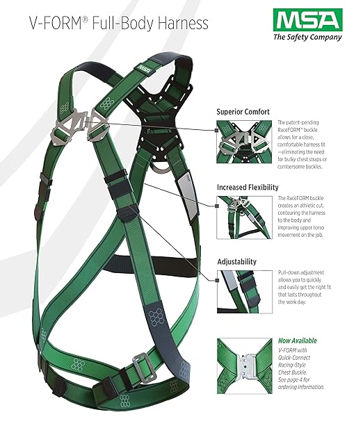 MSA 10197365 V-Form Construction Harness - Extra Large, D-Ring Configuration: Back/Hip, Tongue Buckle Leg Straps, With Shoulder Padding, Full Body Harness