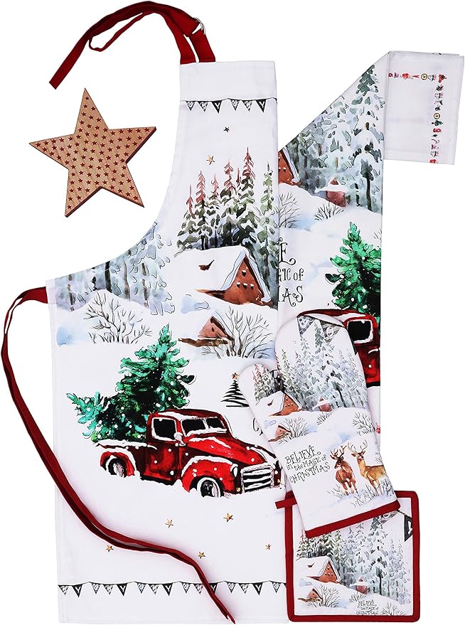 AMOUR INFINI Oven Mitts Set of 1 Quilted Liner with Hanging Loop Non Slip, Heat Resistant, Washable Reusable Oven Mitt Gifts (Christmas Winter 7x13 Inches)