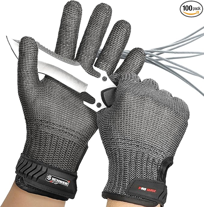 Schwer Ultimate Cut Resistant Gloves Beyond ANSI A9, Reinforced Stainless Steel Glove, Food Grade Mesh Metal Gloves for Butcher Meat Cutting, Oyster Shucking, Mandoline, PR1708 (L, 50 Pairs)