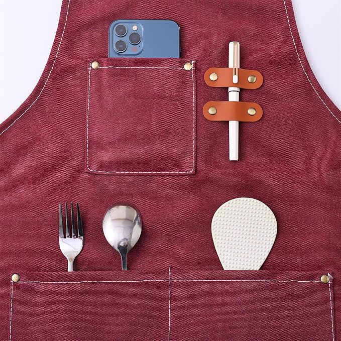Chef Apron Medium-Thick Cotton Canvas,Cross Back with Multiple Pockets Adjustable Work Apron for Men and Women (Darkred)