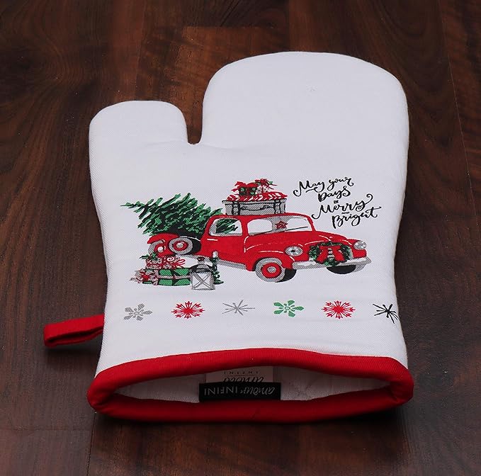 AMOUR INFINI Pot Holders and Oven Mitts 100% Cotton Unique Merry Christmas Design|Heat Resistant Non Slip Reusable Set of 1 Oven Mitt and 1 Pot Holder|Thanksgiving Christmas Fall Festive Kitchen Set