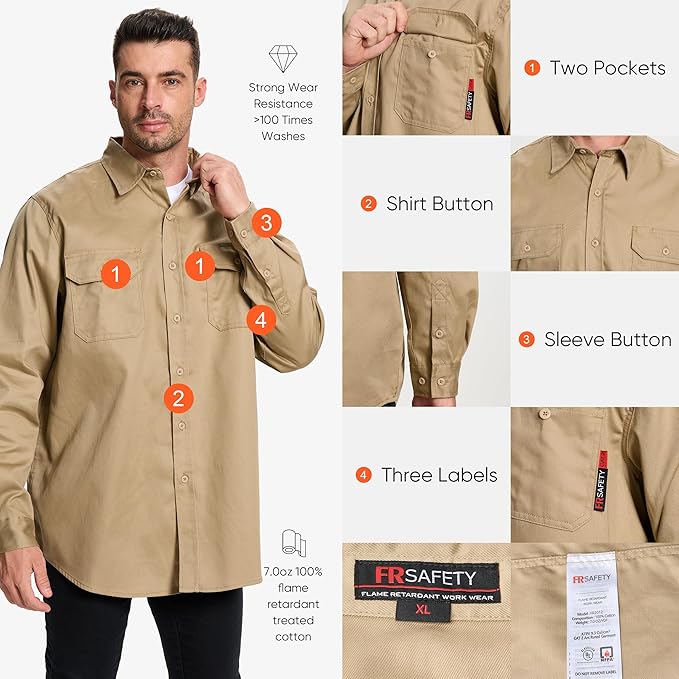 SRsafety Hi Vis FR Work Shirts,7.0oz Long Sleeve Flame Resistant Shirts for Men,100% Cotton High Visibility Fire Shirt