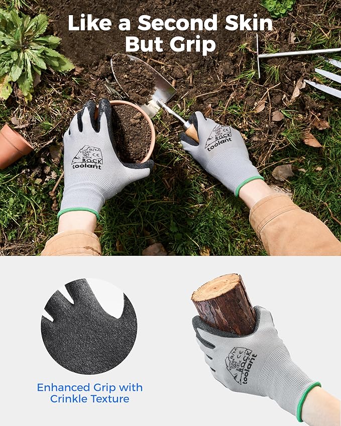 toolant Crinkle Latex Work Gloves Bulk, Rubber Coated Safety Work Gloves for Men and Women, 12 Pairs for Construction, Gardening, Warehouse (Gray, Small)