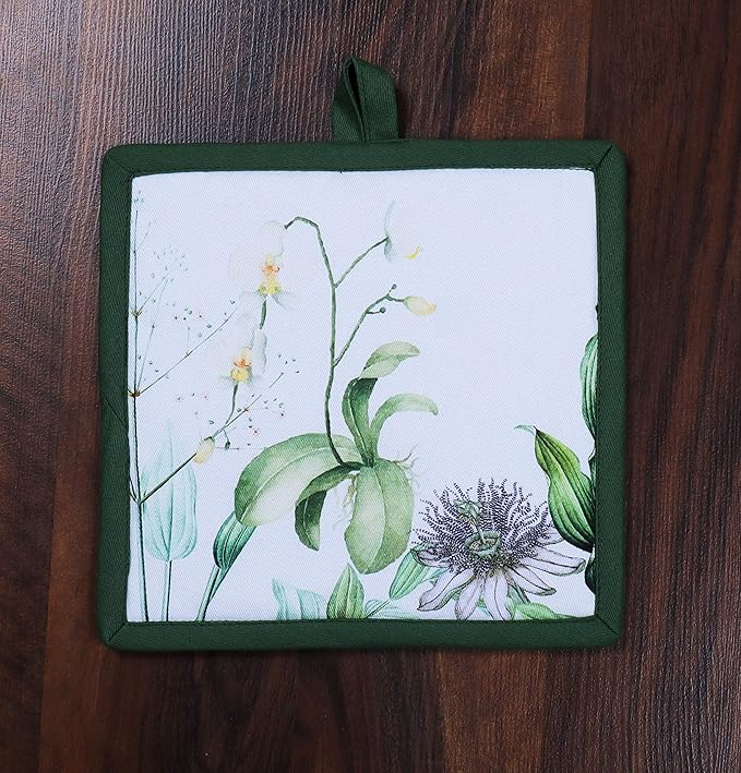AMOUR INFINI Pot Holders Heat Resistant Cotton Set of 2 Nonslip 8"x8" Inch Hot Pads for Kitchen, BBQ, Baking & Cooking with Hanging Loops (Floral Shrubs)
