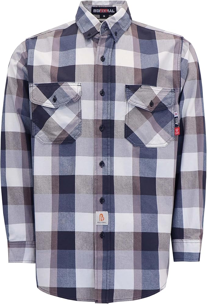 BOCOMAL FR Shirts Flame Resistant 100% C NFPA2112 7.5oz Men's Fire Retardant Welding Shirt
