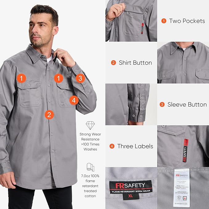 SRsafety Hi Vis FR Work Shirts,7.0oz Long Sleeve Flame Resistant Shirts for Men,100% Cotton High Visibility Fire Shirt
