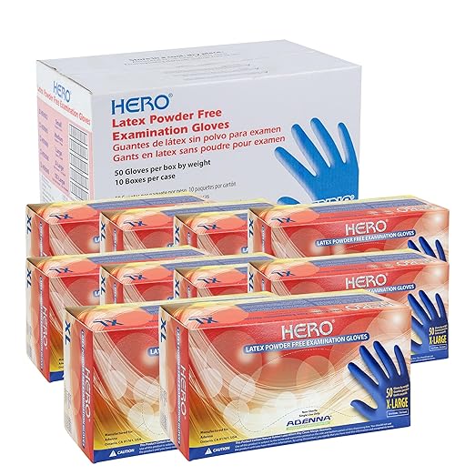 Adenna HERO Disposable Latex Gloves - 14 Mil, NFPA-Approved Heavy Duty Glove with 12" Extended Cuff & Micro-Textured Grip, Exam Grade, Powder Free, Case of 500, X-Large, Blue