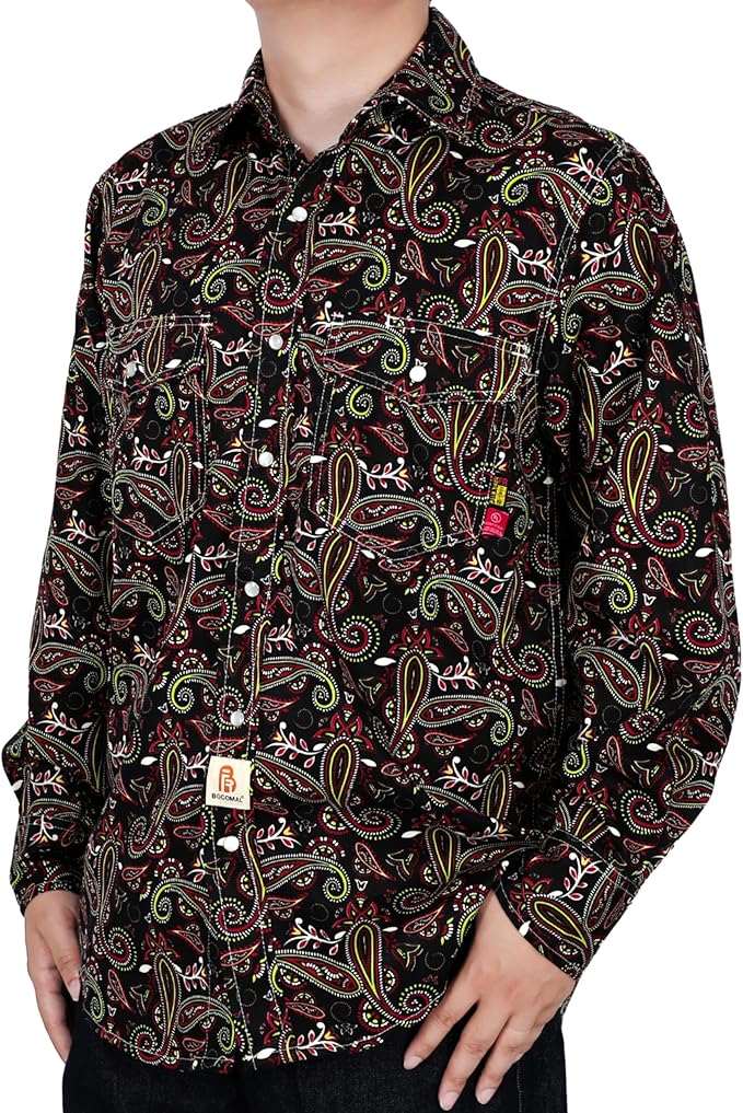 BOCOMAL FR Shirts Printed Paisley/Hawaii Lightweight Pearl Snaps/Button Down Flame Resistant NFPA2112 CAT2 Work Shirt