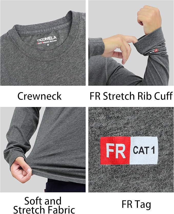 TICOMELA FR Shirts for Men 4oz Lightweight Flame Resistant Crewneck T-Shirts 100% Cotton Fire Retardant Henley Shirts