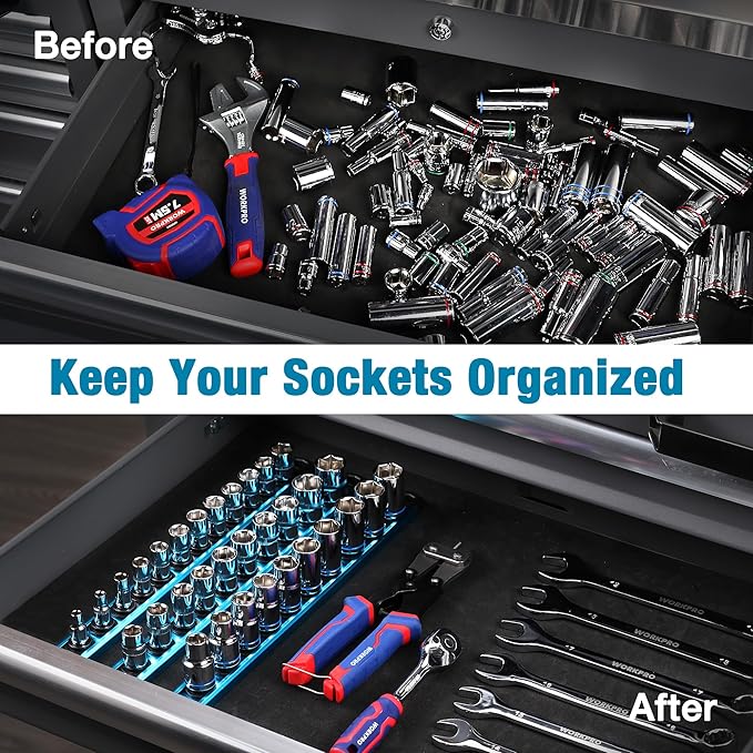 WORKPRO Magnetic Socket Organizer, 3/8-Inch Drive Aluminum Alloy Socket Rail, Heavy Duty Socket Holder, Socket Rack Kit 3/8-Inch x 10 Clips Sky Blue (Socket not Included)