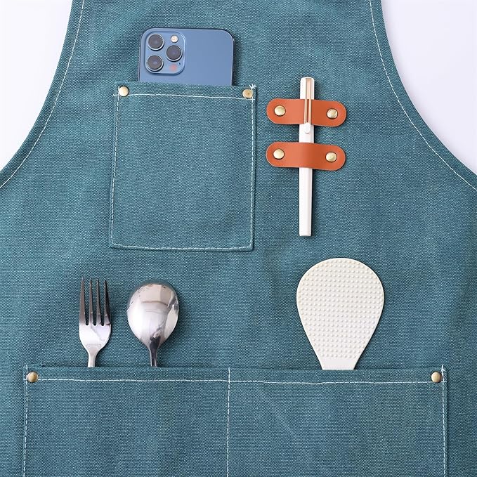 Chef Apron Medium-Thick Cotton Canvas,Cross Back with Multiple Pockets Adjustable Work Apron for Men and Women (Darkgreen)