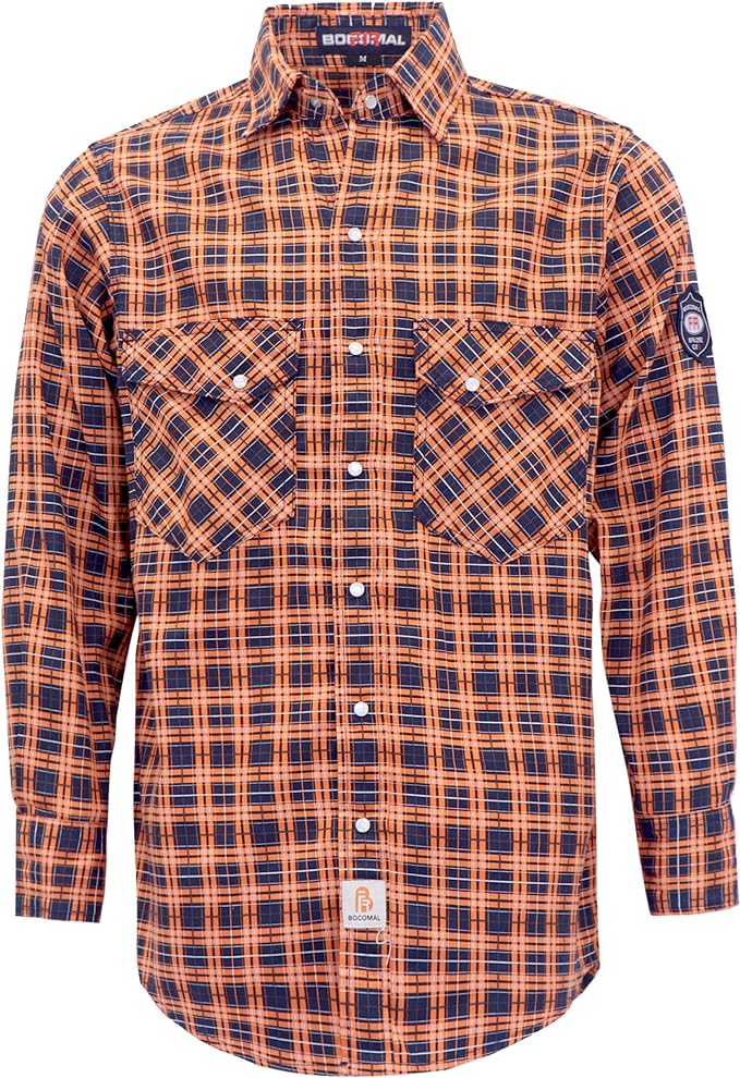 BOCOMAL FR Shirts Flame Resistant NFPA2112/CAT2 6.5oz Light Weight Printed Fire Retardant Plaid Shirt