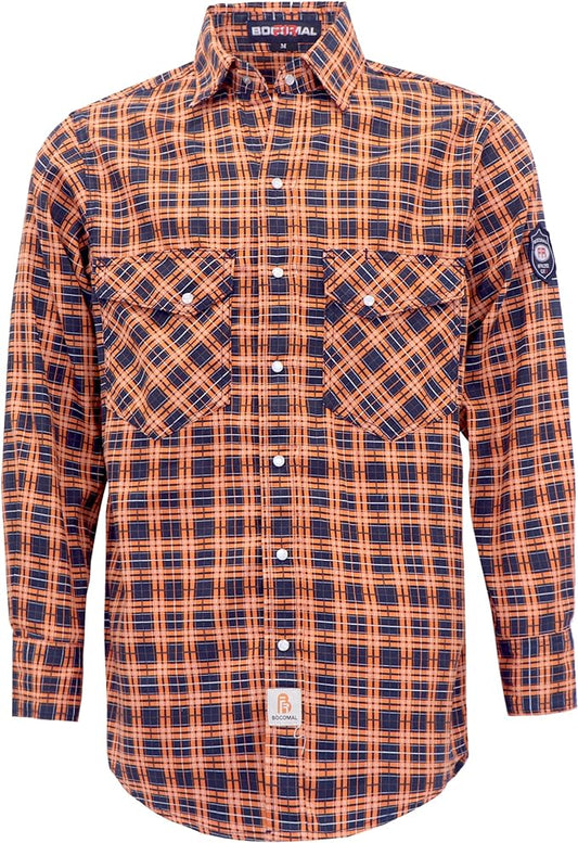 BOCOMAL FR Shirts Flame Resistant NFPA2112/CAT2 6.5oz Light Weight Printed Fire Retardant Plaid Shirt