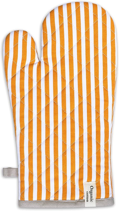AMOUR INFINI Striped Pot Holders and Oven Mitts Heat Resistant Non Slip Reusable Set of 1 Oven Mitt and 1 Pot Holder Oven Gloves Pot Holder for Cooking (Yelllow)