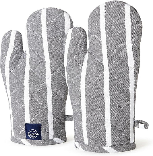 Encasa XO Long 12"x7" Oven Microwave Hand Gloves Mitts (2 pc Set) for Kitchen Cooking & Baking - Heat Resistant, Thick & Safe, Protection of Hands from Hot Utensils - Roma Grey Stripes