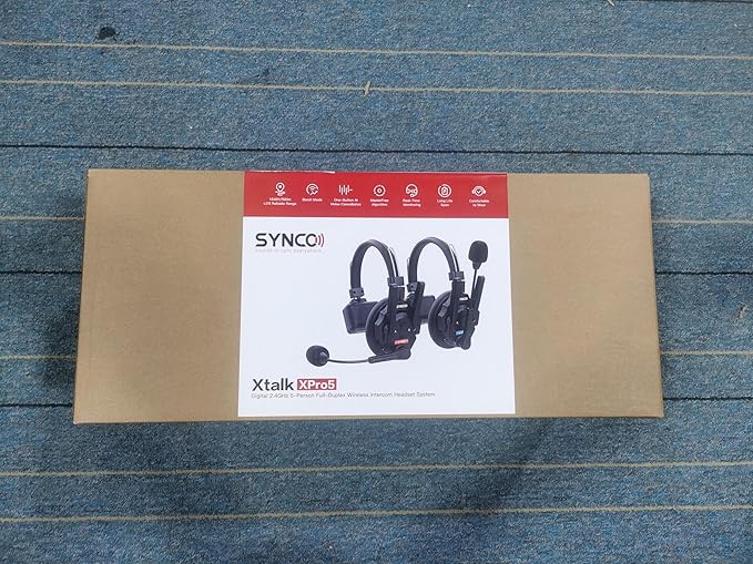 SYNCO XTalk Pro5 XPro X5 2.4GHz Wireless Headset Communication System Random Master Device 500m Operating Range Real-time Monitoring AI Noise Reduction Headset for Movie Shoot Live Show (5Pcs)