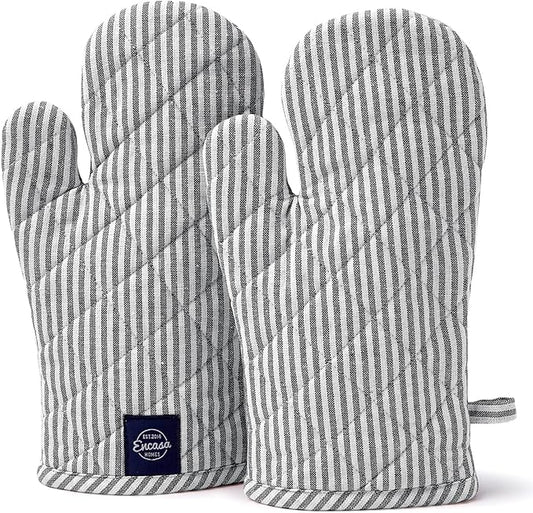 Encasa Homes Long 12"x7" Oven Microwave Hand Gloves Mitts (2 pc Set) for Kitchen Cooking & Baking - Heat Resistant, Thick & Safe, Protection of Hands from Hot Utensils - Ticking Black