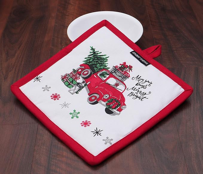 AMOUR INFINI Pot Holders and Oven Mitts 100% Cotton Unique Merry Christmas Design|Heat Resistant Non Slip Reusable Set of 1 Oven Mitt and 1 Pot Holder|Thanksgiving Christmas Fall Festive Kitchen Set