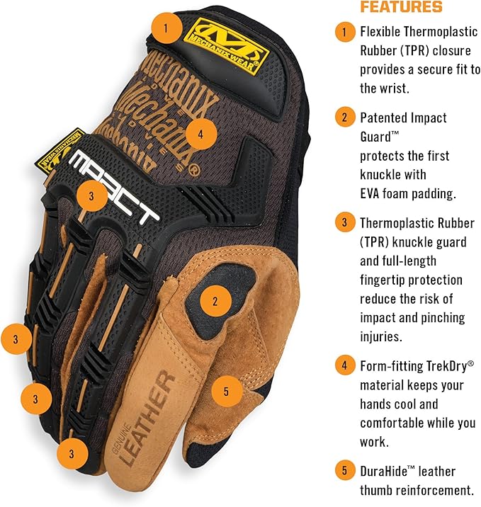 Mechanix Wear M-Pact Leather Gloves - Leather Impact-Resistant Work Gloves for Hand Support - Breathable Design - Shock Absorbing - Machine Washable - Brown/Black - Large
