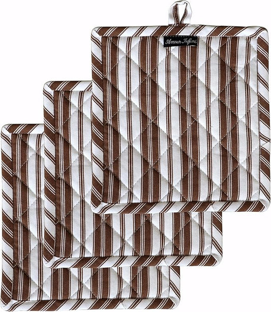 AMOUR INFINI Double Stripe Pot Holders Heat Resistant Cotton Set of 3 Nonslip 8"x8" Inch Hot Pads for Kitchen, BBQ, Baking & Cooking with Hanging Loops (Brown)